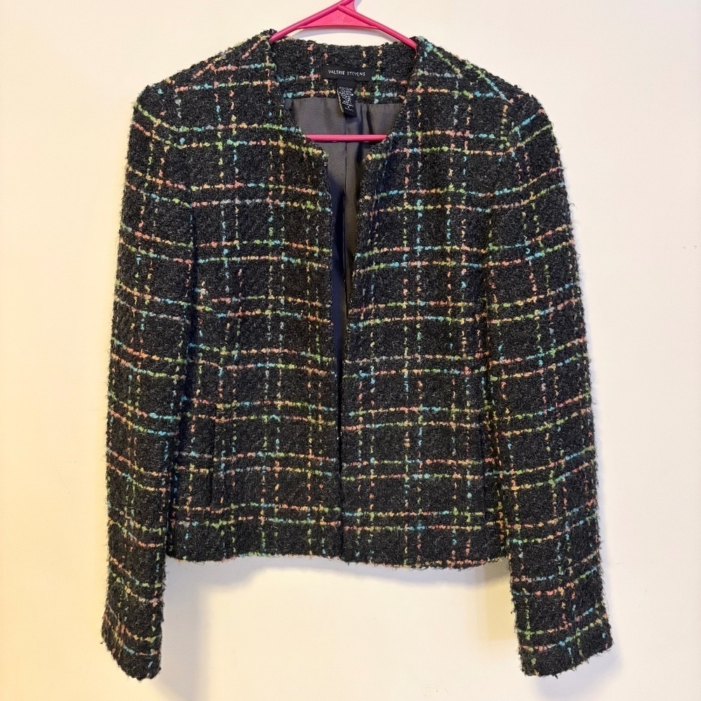 Valerie Stevens Tweed Blazer Jacket Grey Colorful Rainbow Checkered Women Size 8